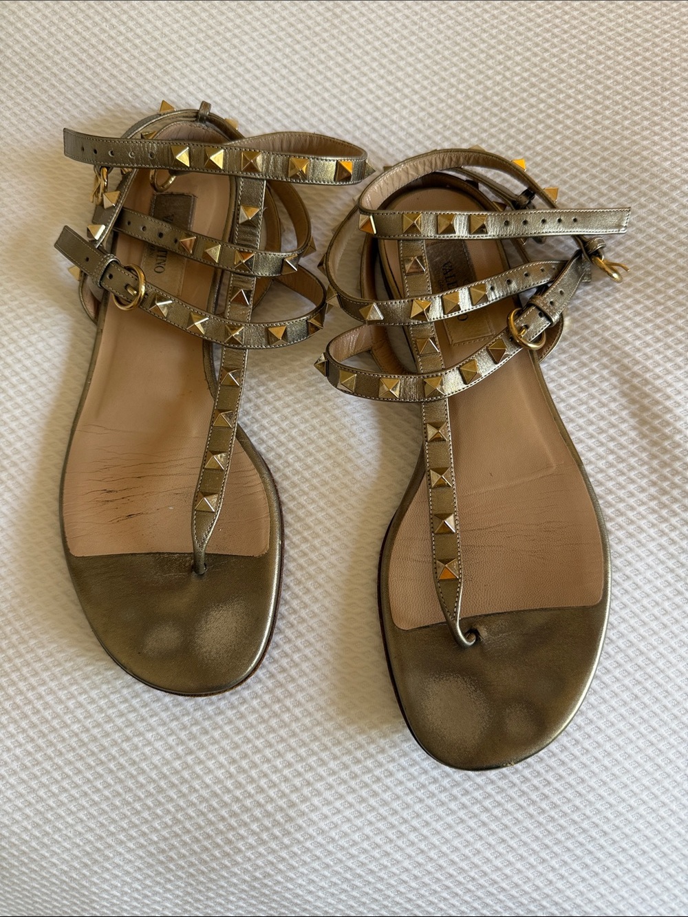 Valentino Metallic Gold Pyramid-Stud T-Strap Sandals